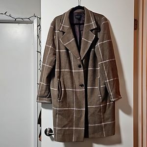 XL Pendleton wool coat, taupe/cream windowpane plaid